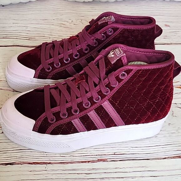 adidas Shoes - ADIDAS NIZZA Burgundy Velour Quilted Platform Sneakers Size 7